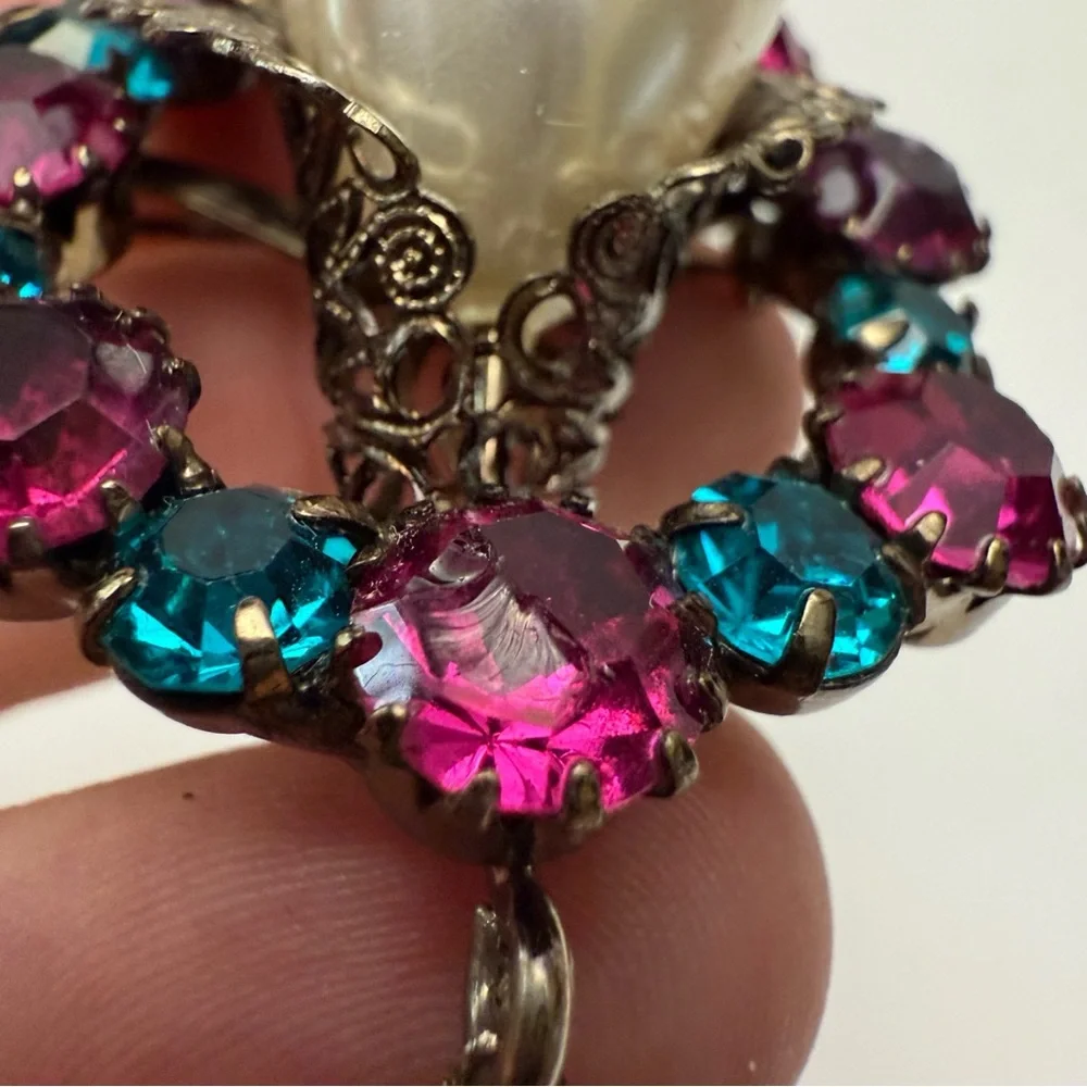 Vintage Large Baroque Faux Pearl Pink Aqua Rhinestone Filigree Drop Brooch